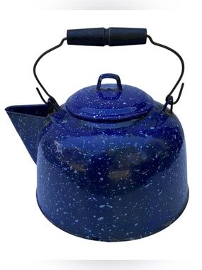 Vintage Blue Speckled Enamelware Tea Kettle Pot Rustic Farmhouse Camping
